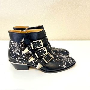 Chloe Silver Studded Suzanna Bootie in Black Leather